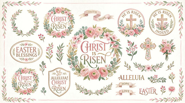 Easter celebration scene with Christ Risen floral wreaths and crosses on a decorative background with spring flowers and leaves