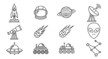 Space exploration icons set rocket astronaut helmet planet satellite. © Ali