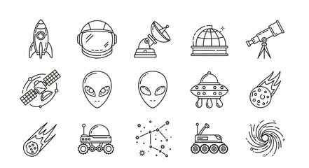 Space Exploration Icons Set Rocket Astronaut Helmet Satellite Alien UFO. © Ali