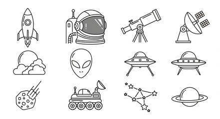Space exploration icons set rocket astronaut telescope alien UFO rover constellation planet. © Ali