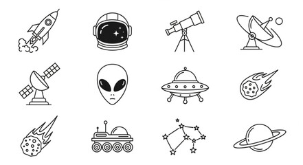 Space Exploration Icons Set Rocket Astronaut Telescope Satellite Alien UFO. © Ali