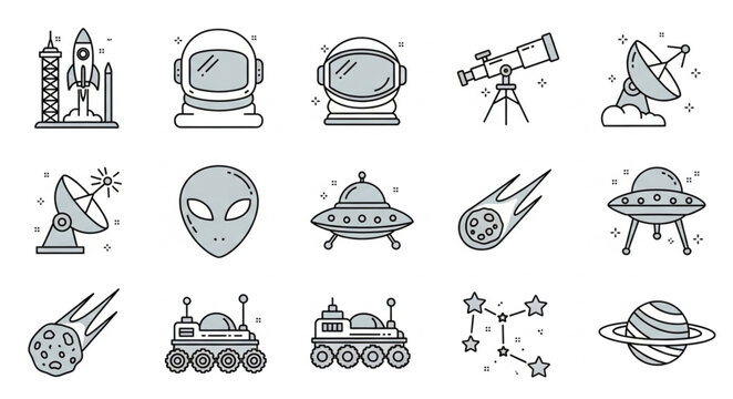 Space Exploration Icons Set Rocket Astronaut Helmet Telescope Satellite Alien UFO.