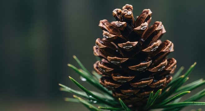 Macro close-up of a wet pine cone with rain droplets on its scales, perched on a branch of green pine needles against a dark, blurred evergreen forest background in nature.
