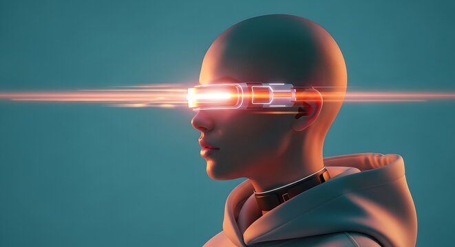 Virtual reality goggles and futuristic headwear. Cybernetic visor and optical sensory device. Profile of a bald person wearing a glowing orange mechanical visor and a metal collar.