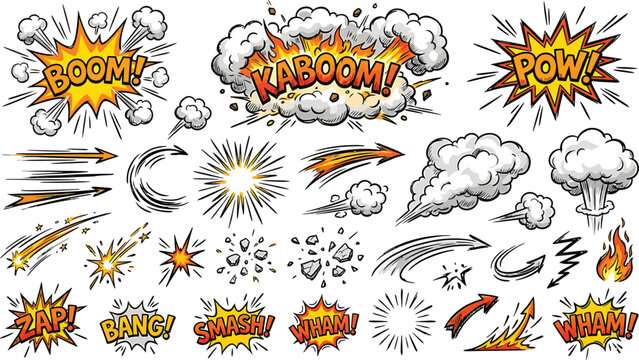 A collection of comic book style explosion and action words with cartoonish illustrations Ai, eps, jpg, transparent background, png