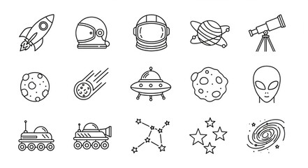 Space Icons Collection Rocket Astronaut Planet Telescope. © Ali