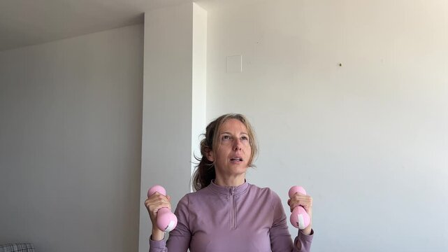 Pull out de mujer levantando mancuernas sobre la cabeza