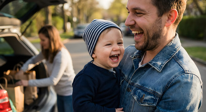 Joyful family unloading groceries from car after shopping, capturing a candid moment of laughter and connection