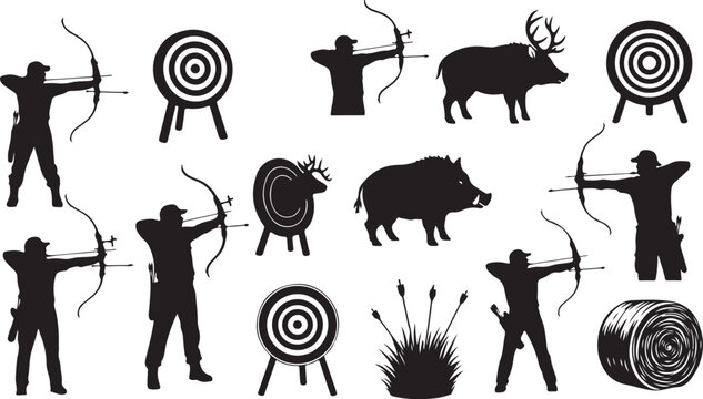 Archery Silhouettes with Targets and Animals Illustration