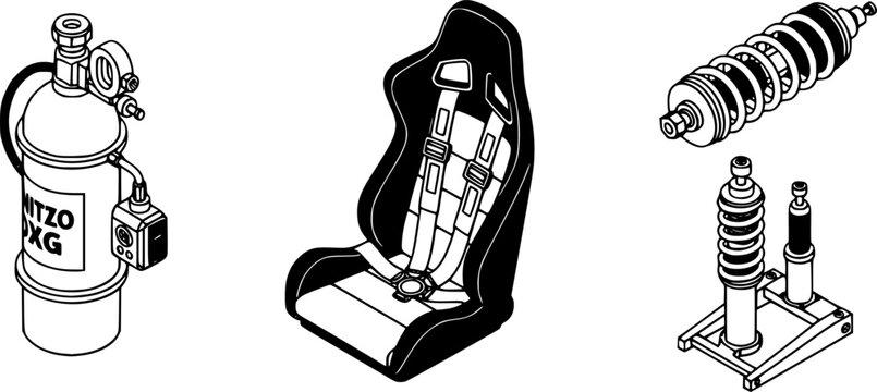Isometric 3D Car Tuning Icon Set. Floating Racing Parts Including Nitrous Tank, Racing Seat, and Suspension. Modern Graphic Resource for Automotive Apps and Web Design