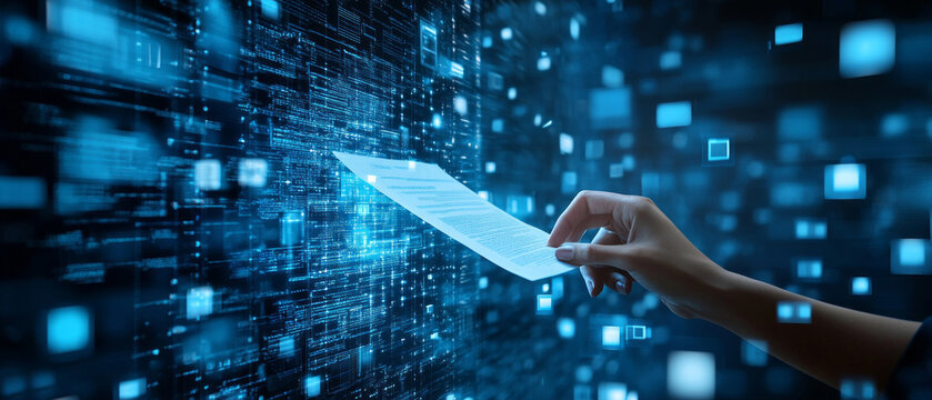 A hand holding a document against a backdrop of a digital code effectively conveys the essence of the process, creating an atmospheric backdrop for electronic document management.