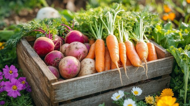 Fresh root vegetables in a wooden crate, set amongst flowers, convey a sense of naturalness, creating a striking backdrop for the farm produce.