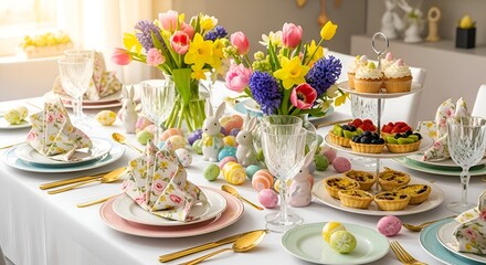 Fototapeta premium Festive Easter Table Setting with Flowers, Cupcakes, and Easter Eggs