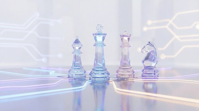 Four translucent glass chess pieces stand elegantly on a reflective surface, illuminated by glowing digital pathways, symbolizing strategic thinking.