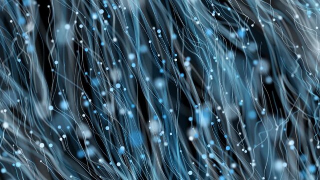 An abstract blue background of water drops on glass creates a digital macro pattern symbolizing fiber optic technology and high-speed data communication in a network datacenter