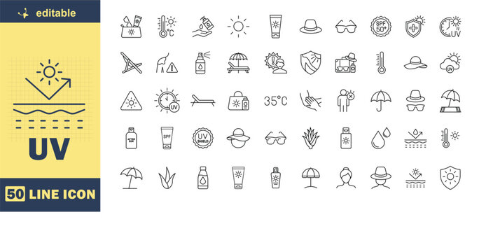 A collection of 50 line icons related to UV protection and sun safety