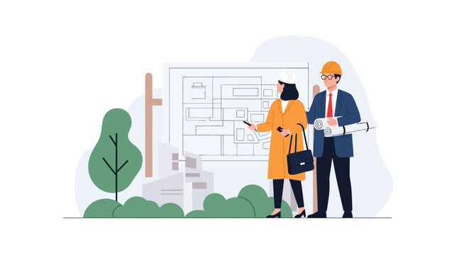 Professional architect and client reviewing a construction project plan. EPS Editable. Vector Illustrations.