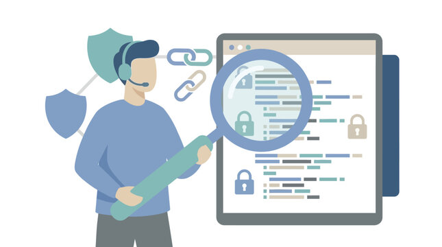 Software Developer Inspecting Secure Code with Magnifying Glass. EPS Editable. Vector Illustrations.