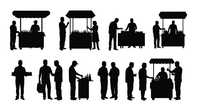 A collection of black silhouette figures depicting people interacting at various food and beverage stalls high quality professional detailed modern elegant