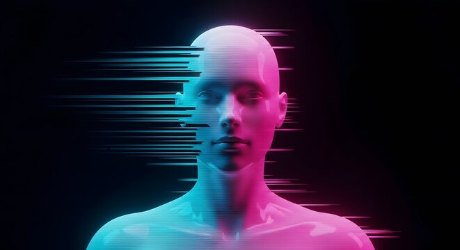 Abstract digital profile with pixel glitch effect. Human identity in the metaverse. Silhouette of a person dissolving into blue and pink data streams