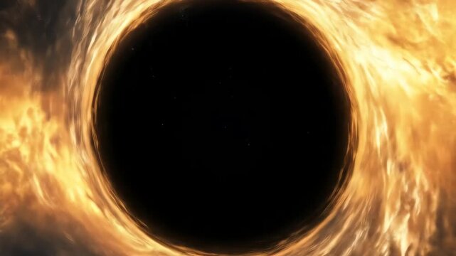 Cosmic black hole surrounded by fiery swirling nebula in deep space