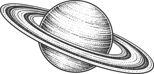 Saturn-like Planet with Detailed Rings in Black and White Illustration © Sharif54