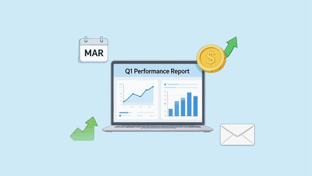 Laptop displaying Q1 performance report