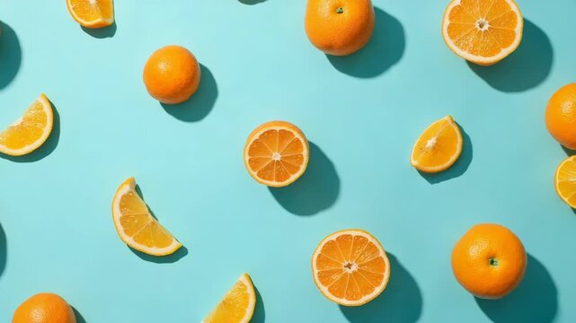 Flat lay pattern with summer citrus fruit on blue background. Minimal concept with sharp shadows. Trendy social mockup or wallpaper..