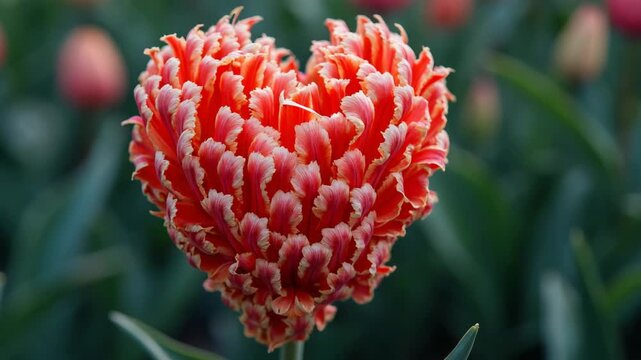 Close-up of a vibrant red parrot tulip with unique heart-shaped petals, blooming in a spring garden. Soft-focus background with green foliage and other tulips creates a romantic mood.