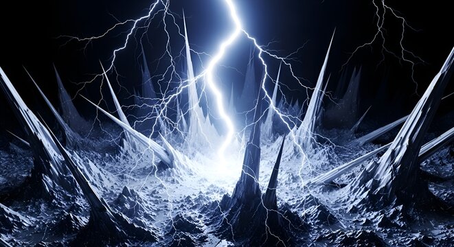 Electric storm over jagged icy peaks, dramatic lightning strike, dark background
