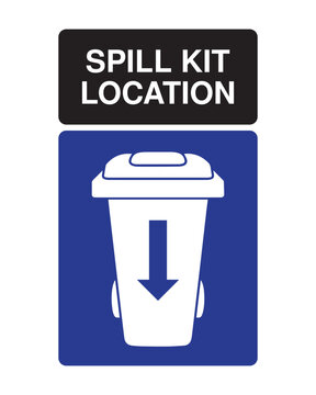 Spill Kit Location Safety Sign Vector with Bin Icon and Down Arrow, Blue and Black Design for Spill Response Equipment Identification, Workplace Industrial Safety Signage