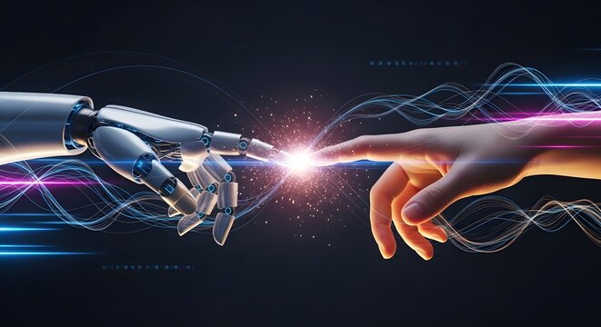 Robotic hand touching human finger with energy spark. Artificial intelligence and human collaboration. Cyborg arm reaching out to person with glowing light connection.
