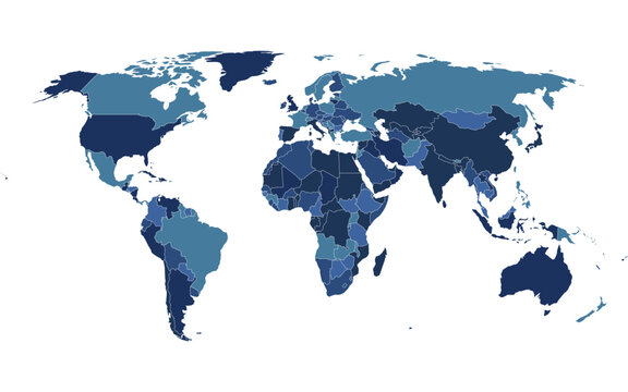 High-quality vector world map in Natural Earth projection. Featuring a modern blue color palette with white country borders. Antarctica is excluded for a cleaner look. 