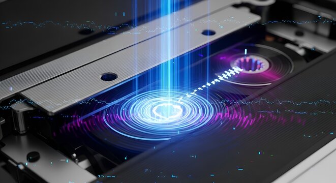 Cassette tape audio visualization with digital sound waves and blue light beam