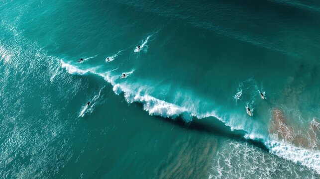 Aerial View of Surfers Riding Waves in Turquoise Ocean Water