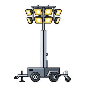 Portable Lighting Tower with Multiple Bright Floodlights on Trailer Base, Outdoor Illumination