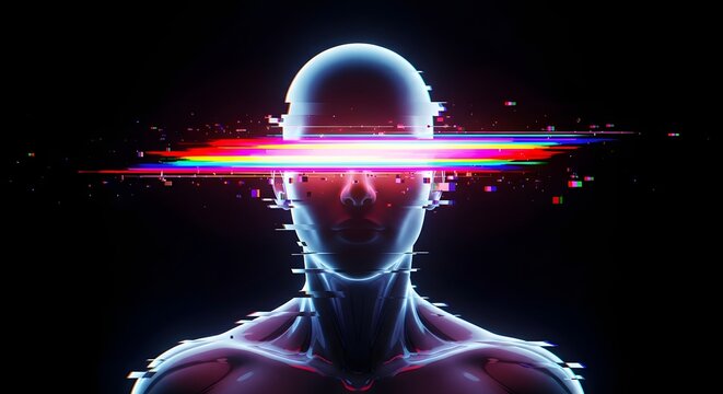 Glitch effect portrait of human head with rainbow light bar over eyes. Cyberpunk aesthetic and digital distortion. Android face with colorful neon pixels in a dark space background
