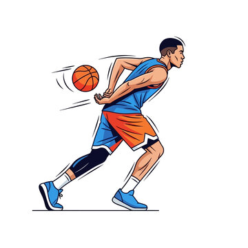 Athletic basketball player dribbling ball with speed lines, dynamic sports illustration