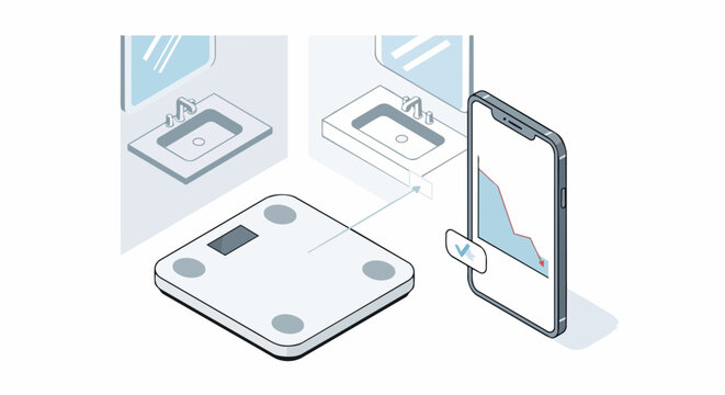 Isometric Illustration of a Smart Bathroom Scale Syncing with a Mobile Health App Showing Weight Loss Progress