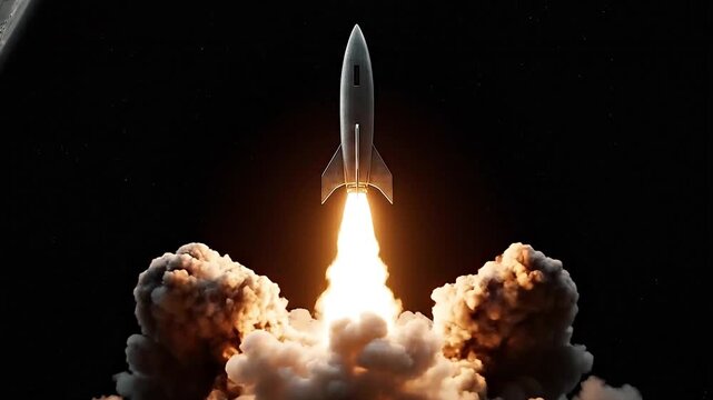A vintage style rocket ship launching into the dark night sky with bright flames and thick smoke