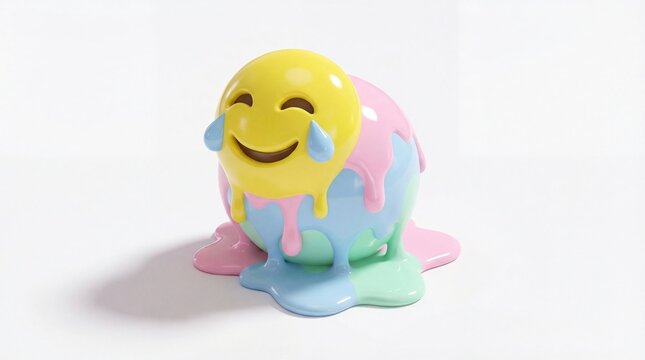 A joyful "Face with Tears of Joy" emoji melts over a colorful spherical object, dripping vibrant pastel liquids onto a clean white surface.