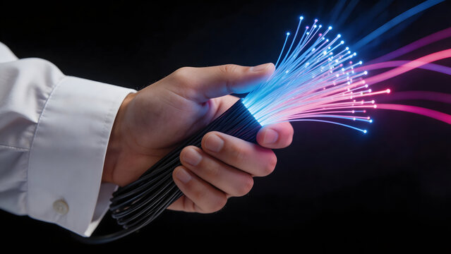 Hand holding fiber optic cables