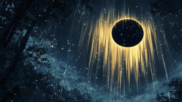 Cosmic display illuminated orb and celestial rays in a dark starry night