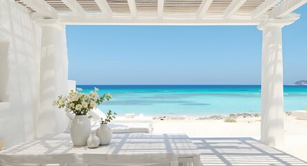 Fototapeta premium serene beachside pergola with white flowers and ocean view