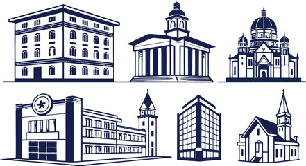 Fototapeta premium Building icon set. Include icons Containing house, office, school, hotel, shop, university bank, and hospital icons. Solid icon collection. Vector illustration.