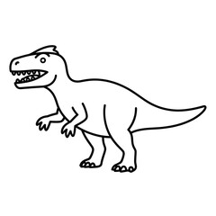 Fototapeta premium Simple black and white line art drawing of a cartoon dinosaur with sharp teeth and a long tail, standing on two legs.