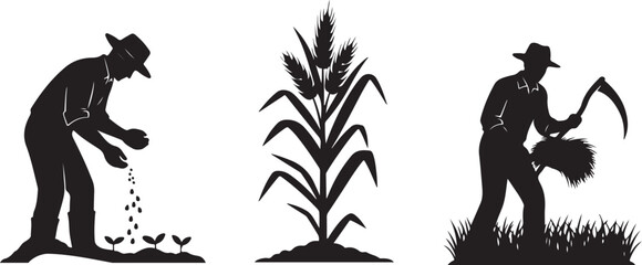 Fototapeta premium Farmers planting and harvesting crops in a field silhouette