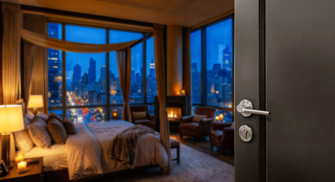 Half Opened door of hotel room with blurred luxury bedroom background