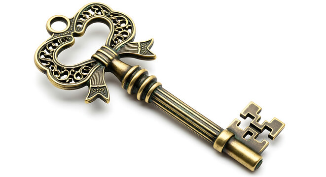 Ornate vintage brass key with intricate scrollwork design isolated white background vintage object security scrollwork decorative isolated
