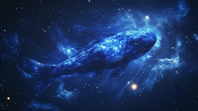 Cosmic fish floating in the deep blue galaxy with starry background